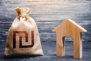 maison en bois et un sac d'argent en shekel israélien. achat de maison, investissement dans la construction immobilière. développement de projet de maison. services d'agent immobilier. générer des revenus par la location ou la vente. prêt hypothécaire. photo