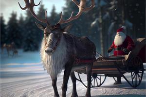 père noël chevauchant un cerf dans un traîneau, dessin animé 3d joyeux noël photo