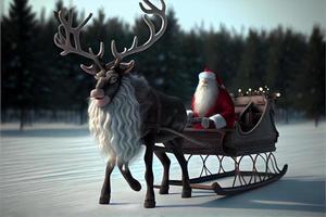 père noël chevauchant un cerf dans un traîneau, dessin animé 3d joyeux noël photo