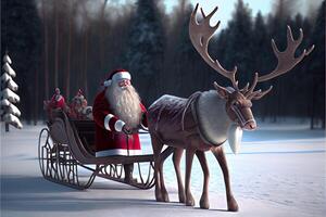 père noël chevauchant un cerf dans un traîneau, dessin animé 3d joyeux noël photo