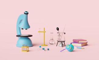 Kit d'expérience scientifique 3d avec microscope, globe, loupe, bécher, tube à essai isolé sur fond rose. salle d'éducation innovante en ligne, concept d'apprentissage en ligne, illustration de rendu 3d photo