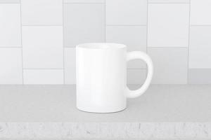 Tasse blanche de rendu 3d sur une maquette de table de cuisine. carreaux sur un mur et un fond de table propre blanc. conception publicitaire de bureau ou de café photo