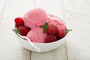 glace à la framboise dans un bol blanc photo