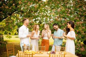 groupe de jeunes heureux acclamant avec de la limonade fraîche et mangeant des fruits dans le jardin photo