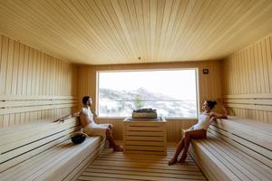 jeune couple se détendre dans le sauna et regarder la forêt d'hiver par la fenêtre photo