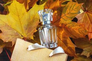 une bouteille en verre de parfum féminin avec sac cadeau posé sur des feuilles jaunes d'automne sur un fond en bois. parfumerie naturelle. photo