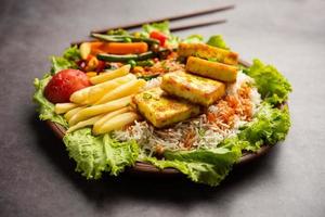 paneer sizzler est une version indienne avec du fromage cottage, une salade servie grésillante sur un plat en pierre chaude. photo