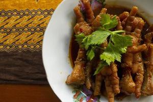 pieds de poulet épicés avec céleri, piment, oignon, ail servis avec une assiette blanche isolée d'un fond noir. photo