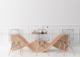 mur blanc vide dans la salle à manger moderne. maquette d'intérieur dans un style contemporain. espace libre, copiez l'espace pour votre image, votre texte ou un autre dessin. table à manger avec chaises, parquet. rendu 3d. photo