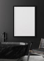 cadre photo vertical vide sur mur noir dans une salle de bain moderne et luxueuse. maquette d'intérieur dans un style contemporain. espace libre, espace de copie pour votre photo, affiche. baignoire, fauteuil en cuir rendu 3d.