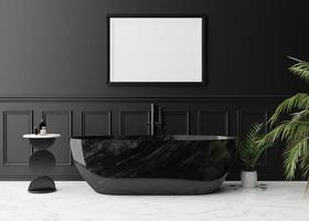 cadre photo horizontal vide sur mur noir dans une salle de bain moderne et luxueuse. maquette d'intérieur dans un style classique. espace libre, espace de copie pour votre photo, affiche. bain, table, paume. rendu 3d.