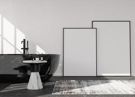deux cadres photo verticaux vides dans une salle de bain moderne. maquette d'intérieur dans un style contemporain. espace libre pour photo, affiche. baignoire, table, tapis. rendu 3d.