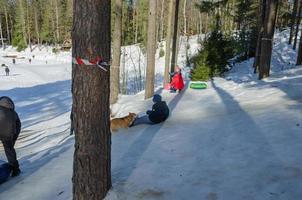 parc d'hiver avec glissades de neige, promenade dans le parc photo