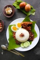 nasi lemak, est des œufs durs traditionnels malais, des haricots, des anchois, de la sauce chili, du concombre. du plat servi sur une feuille de bananier photo