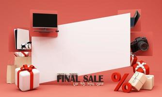 gadgets et accessoires console de jeu avec réduction de promotion pour pc et ordinateur portable avec boîte-cadeau et support de produit pour le marketing en ligne dans un style dessin animé. rendu 3d sur fond pastel. photo