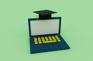 Chapeau de graduation en ligne illustration 3d avec pompon, mortier d'icône avec ordinateur portable photo