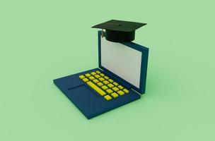 Chapeau de graduation en ligne illustration 3d avec pompon, mortier d'icône avec ordinateur portable photo