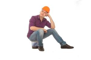 homme, construction, worket, assied, sur, a, seau photo