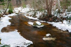 une petite rivière de forêt rocheuse en hiver photo