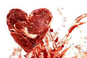 viande crue fraîche en forme d'éclaboussures de coeur et de sang photo