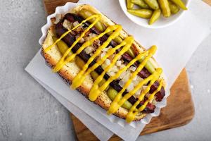 hot-dog sur un pain aux graines de pavot avec oignon photo