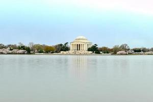 fleurs de cerisier au bassin de marée et au mémorial de jefferson au printemps à washington, dc. photo