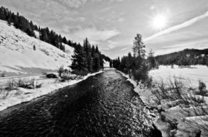 paysage enneigé frais à travers la rivière grise dans le wyoming, états-unis pendant l'hiver. photo