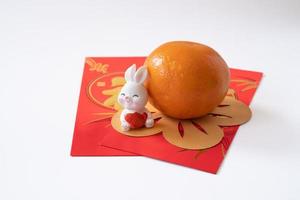 nouvel an chinois du concept du festival du lapin. mandarine, lapin et lingot d'or isolé sur fond blanc. photo