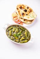 palak baby corn sabzi également connu sous le nom de curry de makai aux épinards servi avec du riz ou du roti, cuisine indienne photo