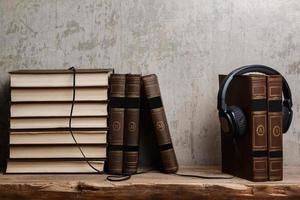 concept de livres audio avec livres et casque photo