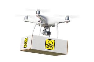 drone de système d'avion sans pilote transportant un paquet avec une étiquette de symbole de poison sur blanc. photo