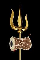 Le trishul de shiva en or et en bois tambour damru instrument de musique sur fond noir - illustration 3d render photo