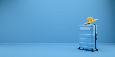une valise de voyage bleue et un chapeau jaune dans une chambre bleue. illustration de rendu 3d. photo