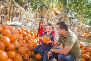 famille métisse heureuse au champ de citrouilles photo