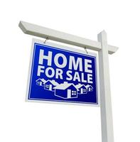 maison bleue et blanche à vendre immobilier signe sur blanc photo