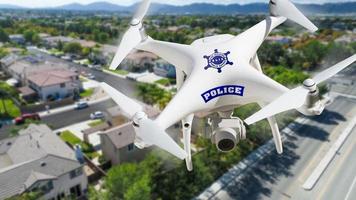 système d'aéronef sans pilote de la police, drone volant au-dessus d'un quartier et d'une rue photo