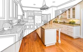 écran divisé en diagonale du dessin et photo de la nouvelle cuisine