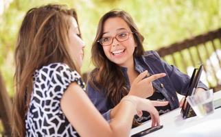 jeunes copines adultes expressives utilisant leur ordinateur électronique à l'extérieur photo