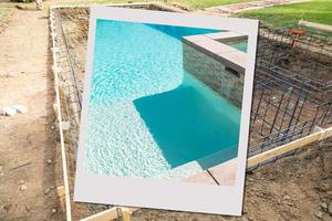 chantier de construction de piscine avec cadre photo contenant le projet fini