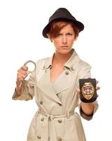femme détective avec menottes et badge en trench-coat photo
