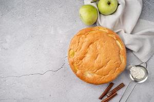 tarte aux pommes charlotte sur table en béton avec pomme fraîche et cannelle , vue d'en haut photo