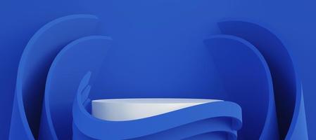 podium blanc avec des objets abstraits bleus. stand pour montrer les produits. vitrine de scène avec espace de copie. présentoir sur socle. taille de la bannière. modèle de couverture de site Web. rendu 3d. photo