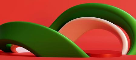 podium vert et rouge avec des objets courbes décoratifs. stand pour montrer les produits. présentoir de piédestal moderne avec espace de copie. taille de la bannière. modèle de couverture de site Web. thème joyeux noël. rendu 3d. photo