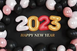 rendu 3d. texte d'or numéro 2023 et composition de ballons blancs sur fond noir. conception pour le fond de bonne année. photo