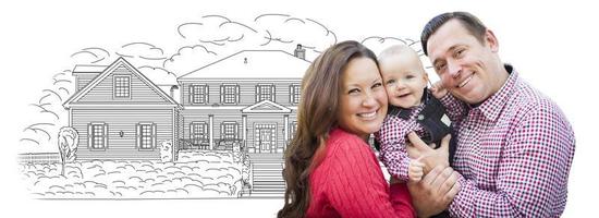 jeune famille avec bébé sur maison dessin sur blanc photo