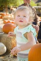 adorable petite fille s'amusant au champ de citrouilles photo