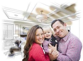 jeune famille avec bébé sur le dessin et la photo de la chambre