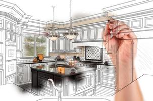 dessin à la main d'une conception de cuisine personnalisée avec une gradation révélant une photographie. photo