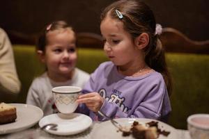 les sœurs boivent du thé ensemble dans un café confortable et s'amusent. photo