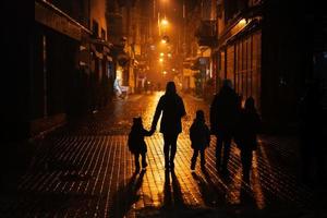 dos de famille de silhouettes marchant dans la ville de nuit. photo